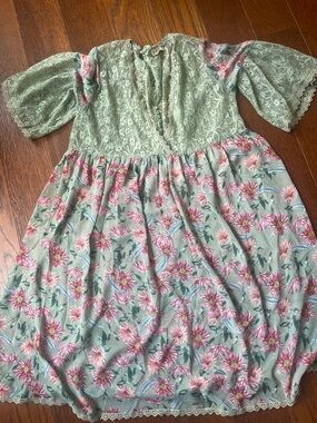 POL Sage Green Floral Lace Dress with Pink Blooms